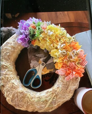 Straw Wreath with Paper or Artificial Flowers | holiday-seasonal Straw Wreath with Paper or Artificial Flowers | holiday-seasonal